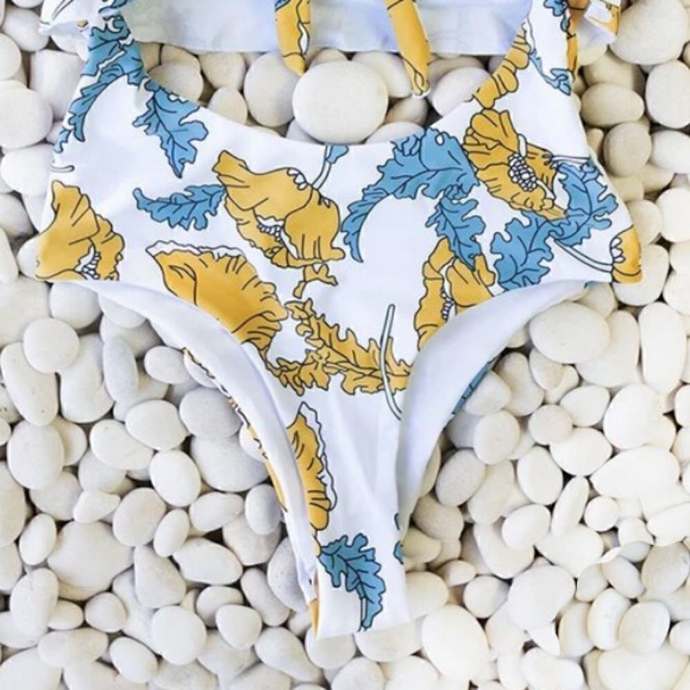 Monkini Suit Junior XL Gold Blue Floral Halter Tie Cut Out - Picture 8 of 12